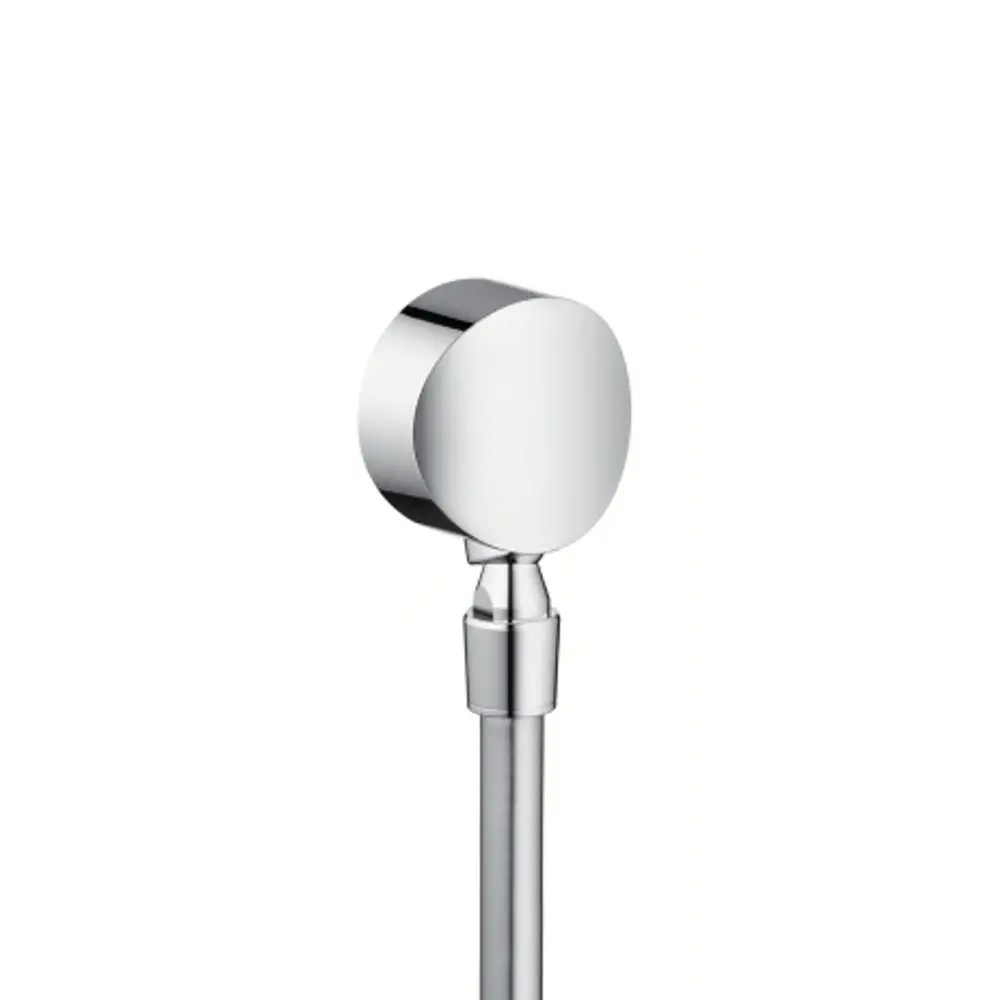 Hansgrohe Wandanschluss mit Kugelgelenk und Rückflussverhinderer. Das Produkt hat eine verchromte Oberfläche und ist zur Wandmontage geeignet.